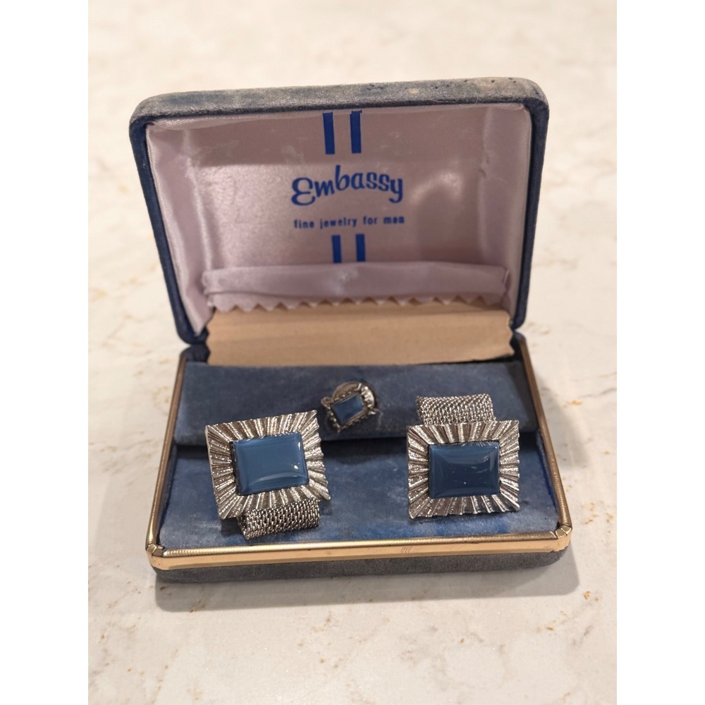 Vintage Embassy Cufflinks and Tie Tack Set Blue Stone Mesh Silver Tone with Box